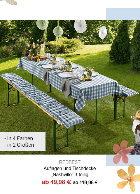 REDBEST Auflagen und Tischdecke "Nashville" 3-teilig ab 49,98€! In 4 Farben, in 2 Größen.