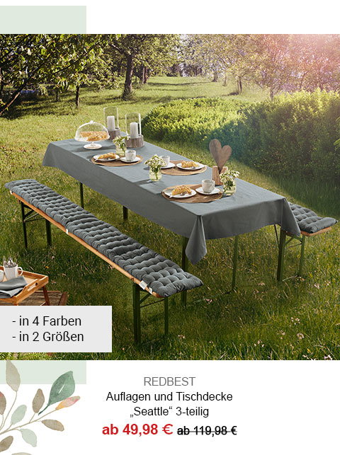REDBEST Auflagen und Tischdecke "Seattle" 3-teilig ab 49,98€! In 4 Farben, in 2 Größen. 