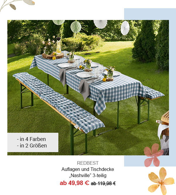 REDBEST Auflagen und Tischdecke "Nashville" 3-teilig ab 49,98€! In 4 Farben, in 2 Größen.