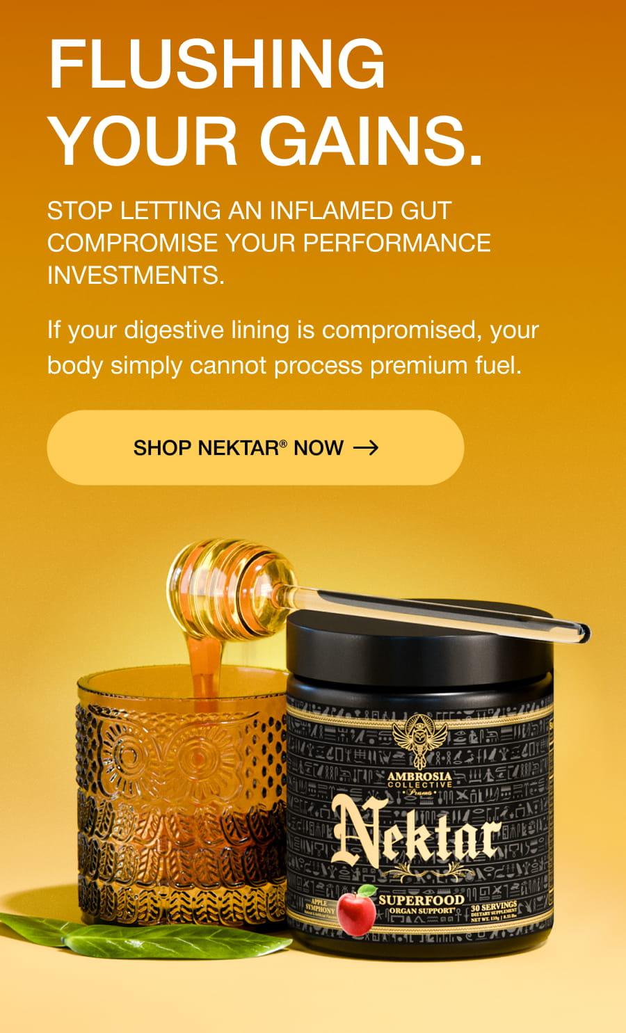 FLUSHING YOUR GAINS. Stop letting an inflamed gut compromise your performance investments. If your digestive lining is compromised, your body simply cannot process premium fuel. SHOP NEKTAR® now
