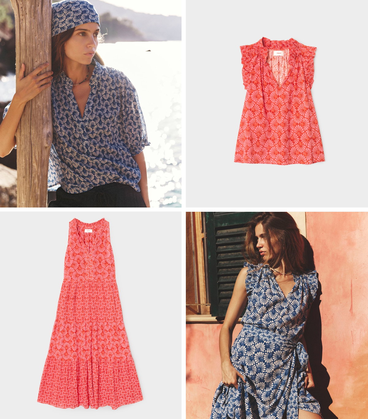 Grid of 4 Calico Shell Print Gauze. Explore Seasonal Prints for Summer.