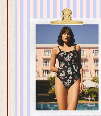 Cath Kidston Monochrome Island Print Frill Trim Swimsuit