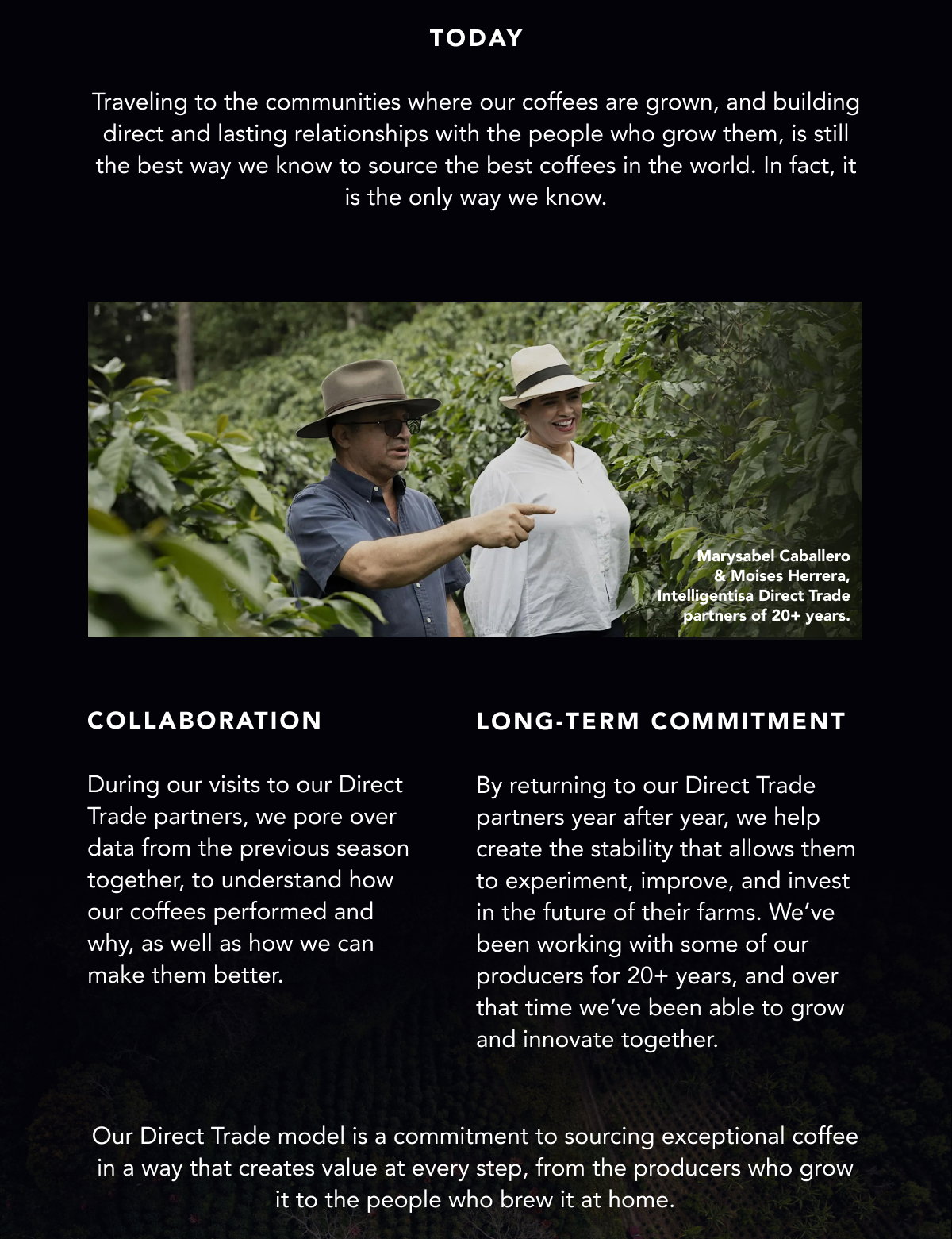 Today: Traveling to the communities where our coffees are grown, and building direct and lasting relationships with the people who grow them, is still the best way we know to source the best coffees in the world. In fact, it is the only way we know. Collaboration:  During our visits to our Direct Trade partners, we pore over data from the previous season together, to understand how our coffees performed and why, as well as how we can make them better. Long-term commitment:  By returning to our Direct Trade partners year after year, we help create the stability that allows them  to experiment, improve, and invest in the future of their farms. We’ve been working with some of our producers for 20+ years, and over that time we’ve been able to grow and innovate together. Our Direct Trade model is a commitment to sourcing exceptional coffee in a way that creates value at every step, from the producers who grow it to the people who brew it at home. 