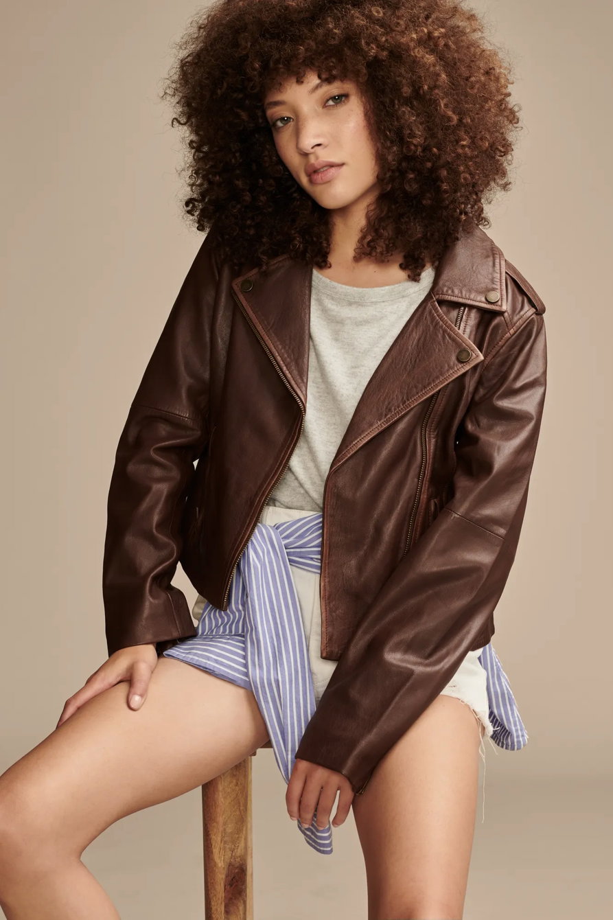 Image of Lucky Brand Classic Leather Moto Jacket - Women's Clothing Outerwear Jackets Coats in Chestnut