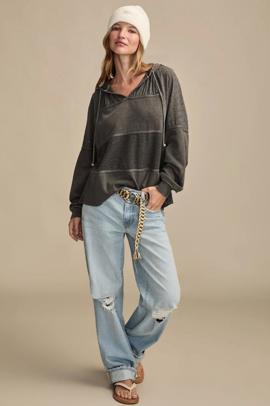 Image of Lucky Brand Eyelet Boho Fleece Hoodie - Women's Clothing Outerwear Sweatshirts Crewneck Hoodies in Thunderstorm