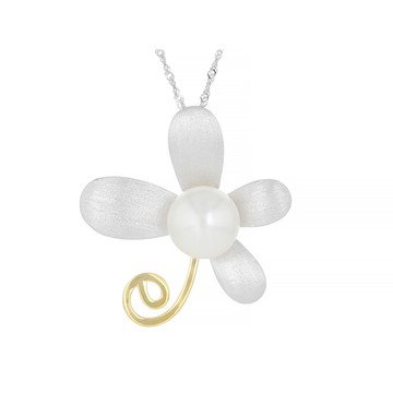 White Cultured Freshwater Pearl Rhodium & 18k Gold Over Sterling Silver Pendant With Chain