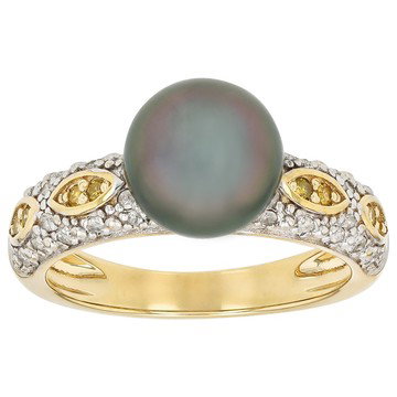 Cultured Tahitian Pearl With Canary & White Diamond 18K Yellow Gold Over Sterling Silver Ring