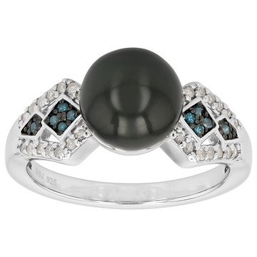 Black Cultured Tahitian Pearl with Blue and White Diamond Rhodium Over Sterling Silver Ring 0.21ctw