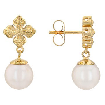 White Cultured Freshwater Pearl 18K Yellow Gold Over Sterling Silver Earrings
