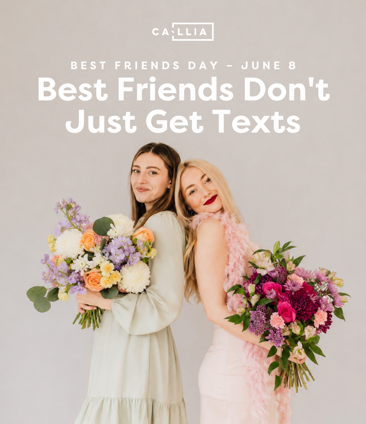 Two women holding two Callia bouquets in summer outfits