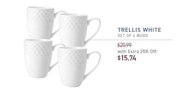 Trellis White Set of 4 Mugs $20.99 Price With Extra 25% Off: $15.74