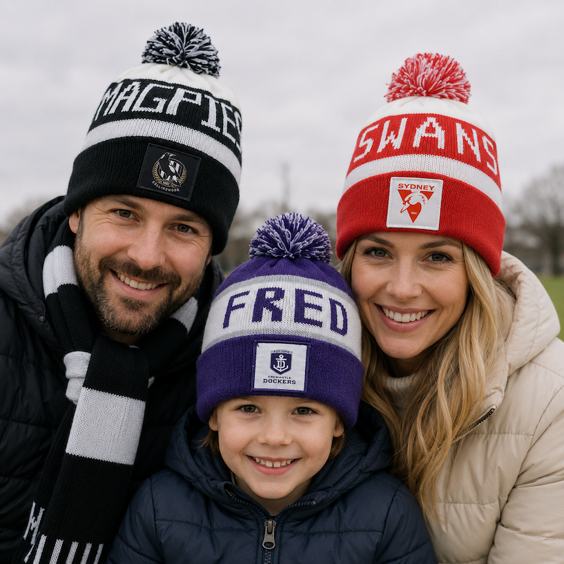 Three people wearing AFL Bear Beanies