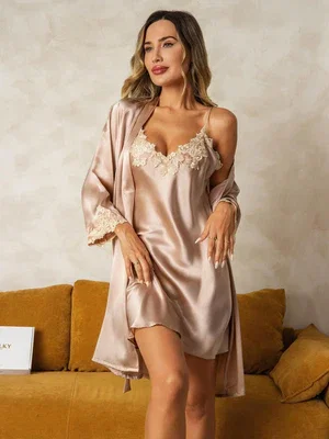 Image of Elegant Pure Zijde Nachthemd&Kamerjas Set 2-Delig
