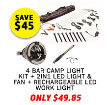 4 Bar Camp Light Kit + 2in1 LED Light & Fan + Rechargeable LED Work Light