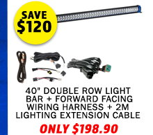 40 Double Row Light Bar + Plug N Play Wiring Harness + 2m Lighting Extension Cable