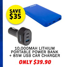 10000mAh Lithium Portable Power Bank + 85W USB Car Charger
