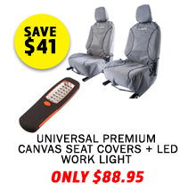 Universal Premium Canvas Seat Covers (Pair) + LED Work Light