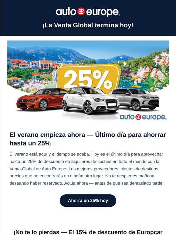 Último día: Venta Global + Europcar — Hasta un 25% de descuento termina esta noche