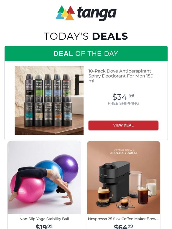10-Pack Dove Men's Antiperspirant Spray 150ml | Non-Slip Yoga Stability Ball | Nespresso 25 fl oz Espresso Machine Liquorice Black