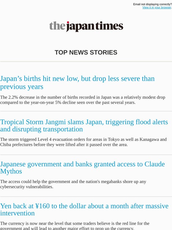 Today's top news: Japan’s births hit new low, but drop less severe than previous years