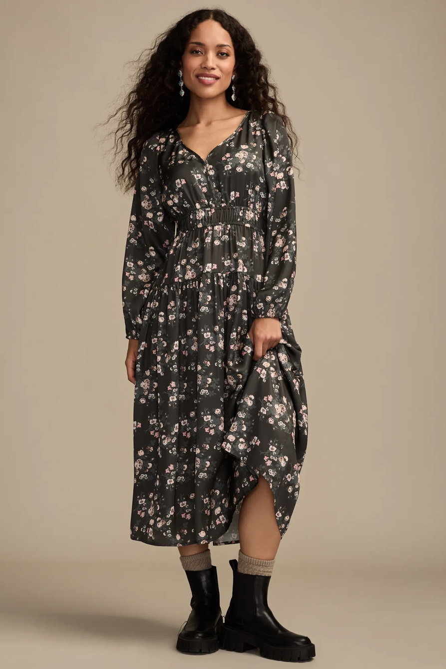 Image of Lucky Brand Long Sleeve Floral Midi Dress - Women's Clothing Dresses Shirt Midi Dress in Burgundy Floral