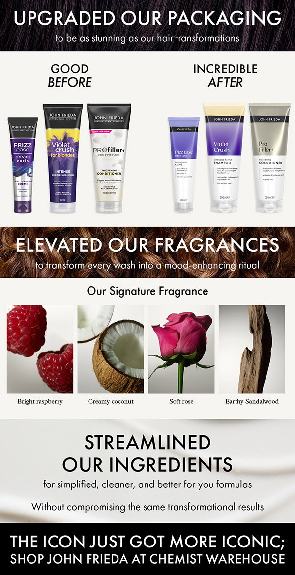 Upgraded packaging + ½ price off RRP on John Frieda range!