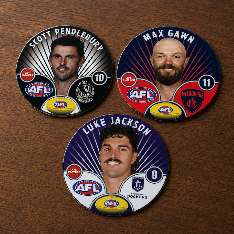 A range of 2026 Player Badges sitting on a table