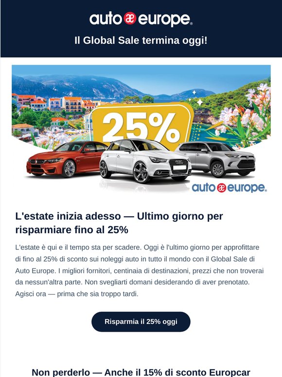 Ultimo giorno: Global Sale + Europcar — Fino al 25% di sconto termina stasera