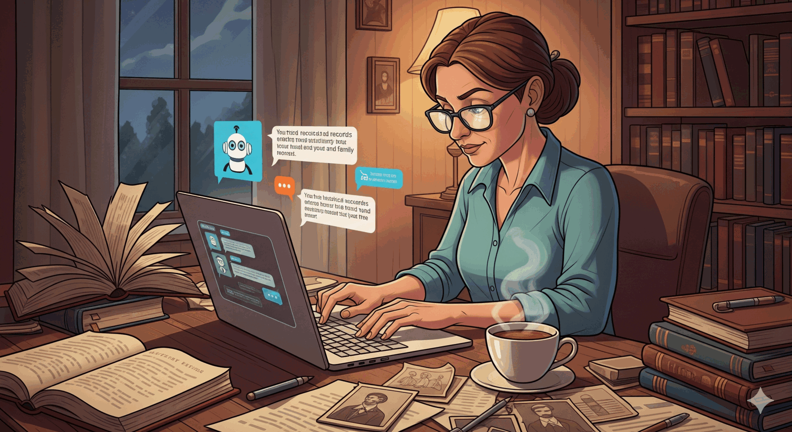 A woman works on a laptop at a desk with books, papers, and a cup of coffee, while ai genealogy prompts and digital chat messages appear on the screen in a cozy home office setting.