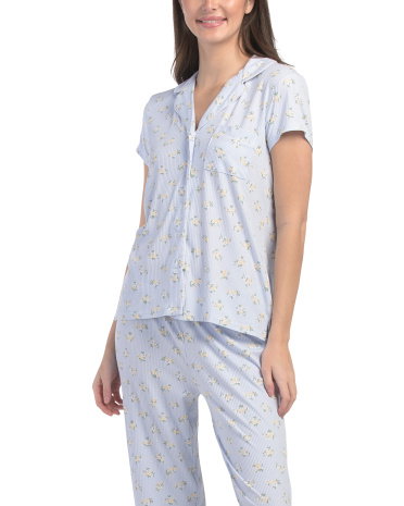 2Pc Notch Collar Short Sleeve Top And Pants Floral Print Pajama Set For Women, Spandex/Polyester