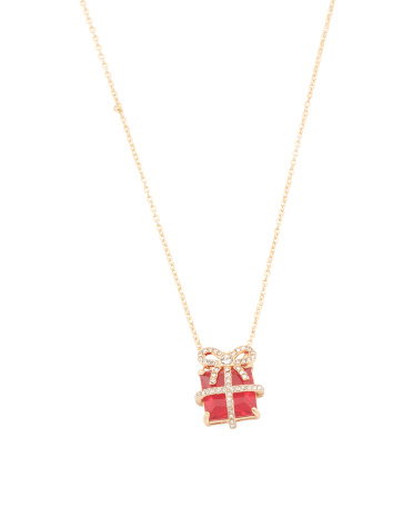 Gift Box Rhinestone Charm Necklace, Gold