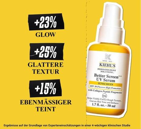 Sonnenschutz nicht vergessen! Mit dem Better Screen UV Serum. +23% Glow, +25% Glattere Textur, +15% ebenmässiger Teint