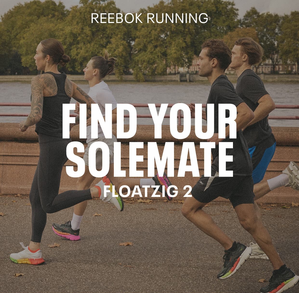 Group of runners wearing Reebok running shoes jog together outdoors. Text reads: “FIND YOUR SOLEMATE. FloatZig 2.”