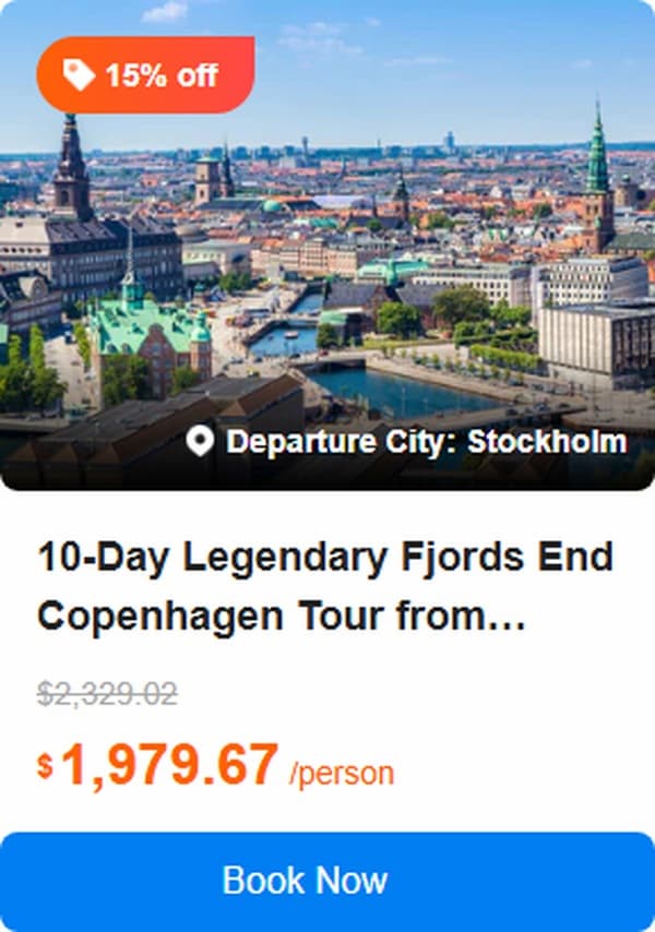 10-Day Legendary Fjords End Copenhagen Tour from Stockholm: Mora, Trondheim, Molde, Loen, Bergen, Oslo, Copenhagen | Ticket Admission to Kvernes Stave Church 5.0 (5 reviews) Tour Code: 708372