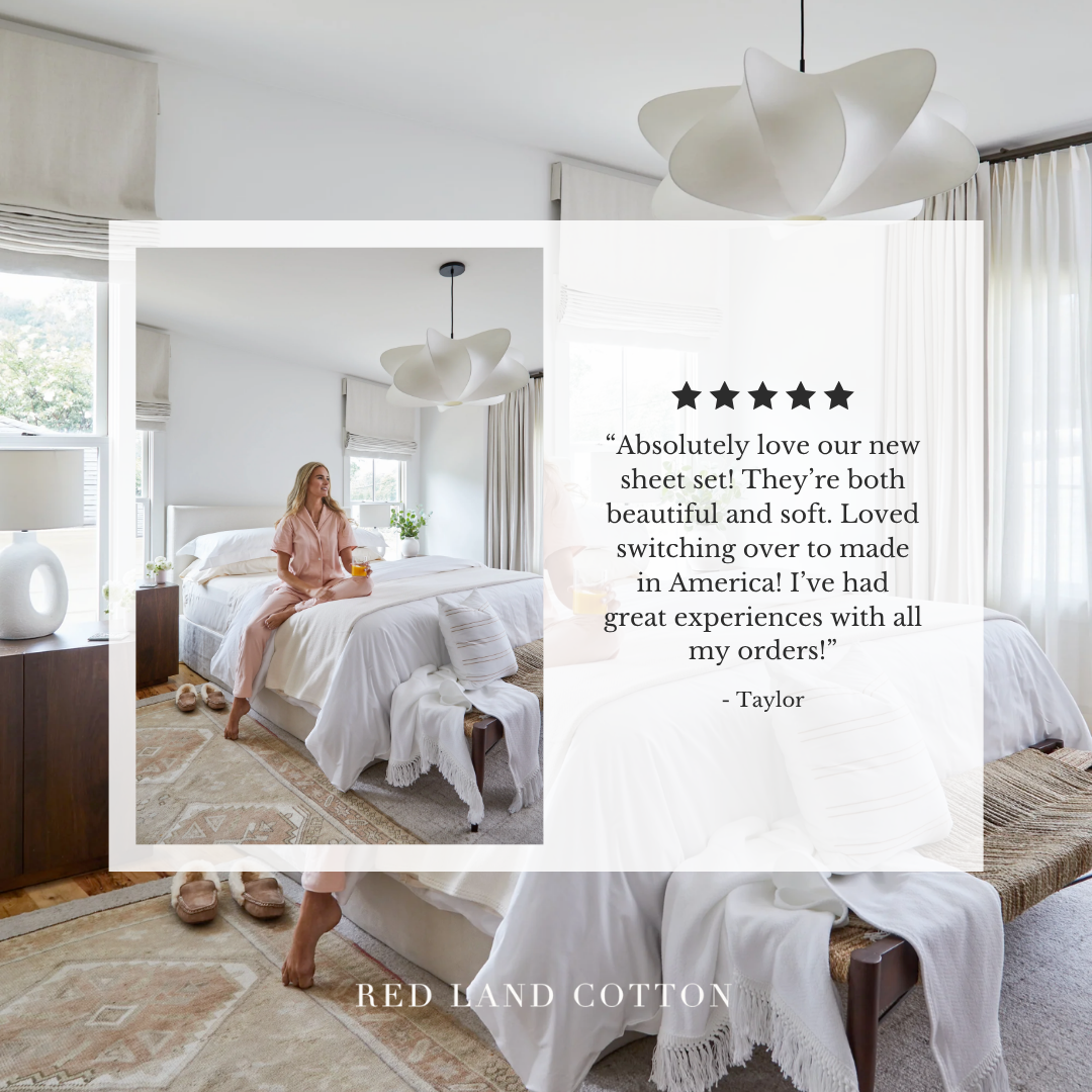 A woman in pajamas sits on a bed in a bright bedroom. A text overlay shares a positive customer review for Red Land Cotton sheets.