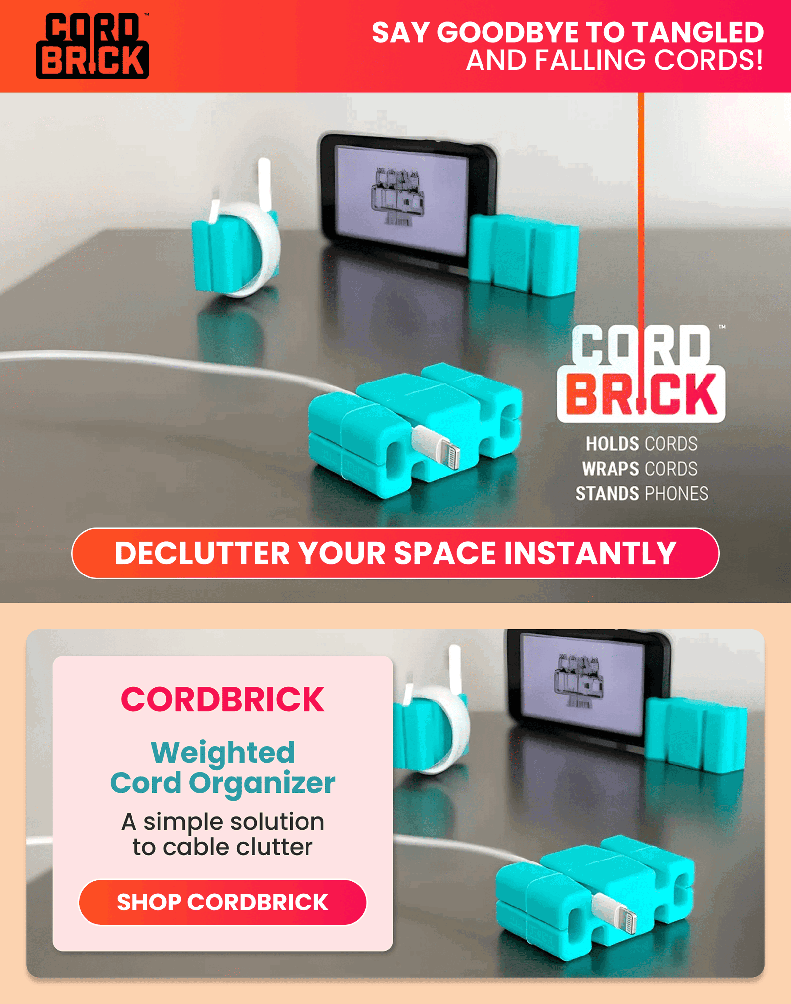 CordBrick	Weighted Cord Organizer/A simple solution to cable clutter