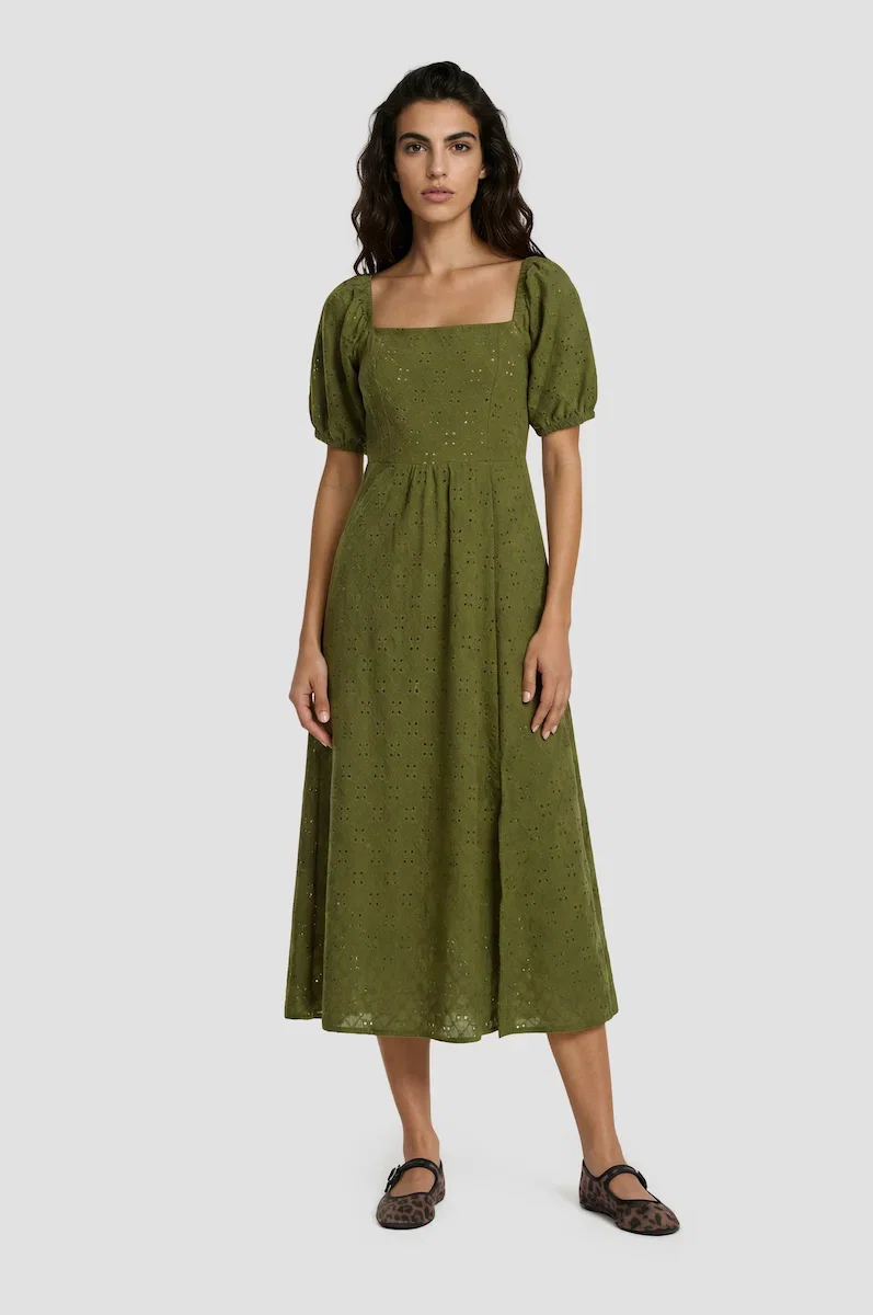 Image of Puff Sleeve Smock Midi Dress - Green