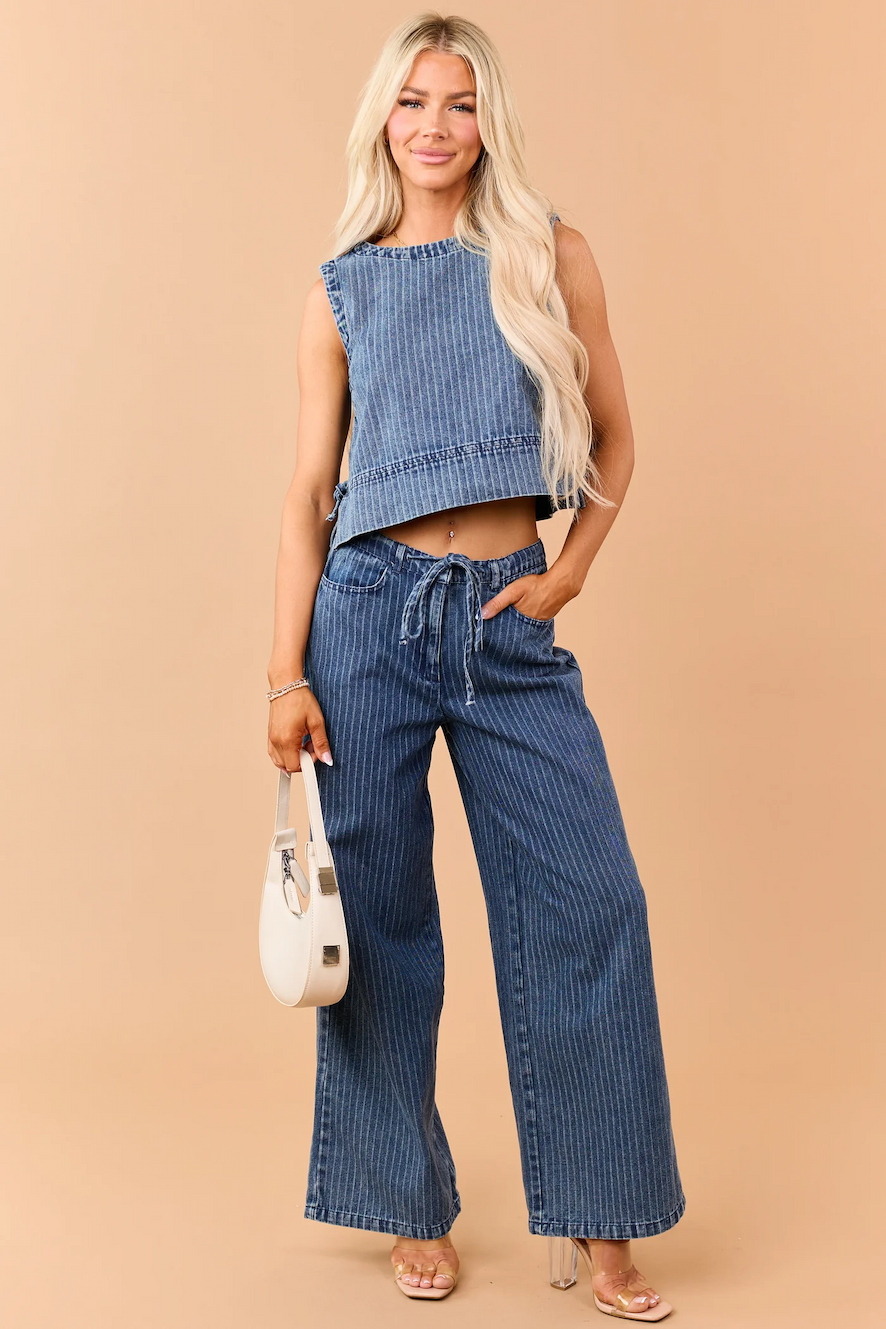 Dark Wash Denim Side Tie Striped Crop Tank Top