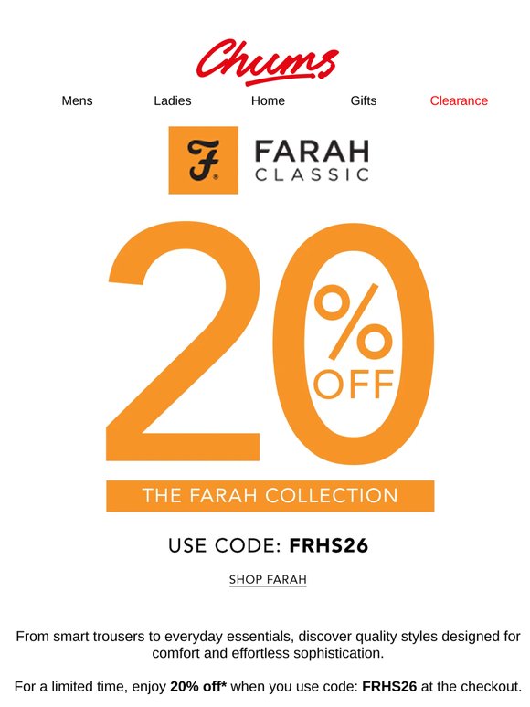Enjoy 20% off our Farah Favourites