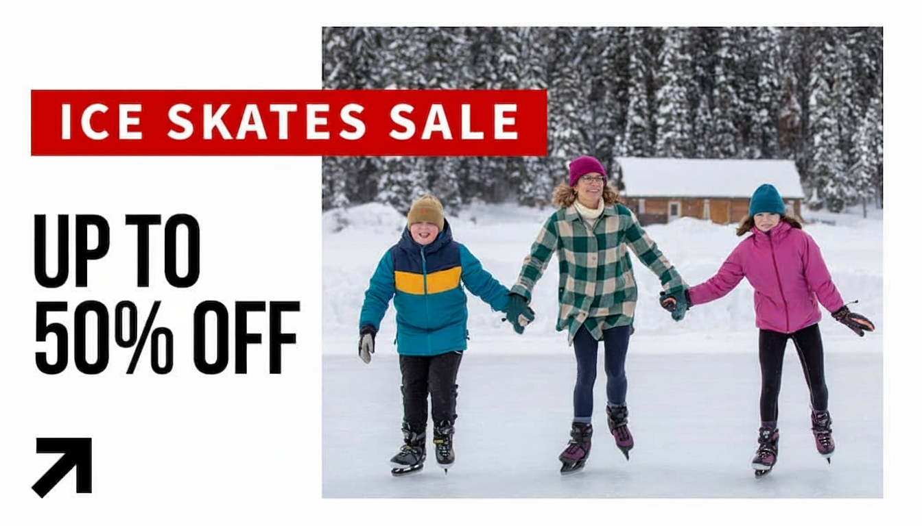 Ice skates sale: Up to 50% off. Three people ice skating in a snowy landscape.