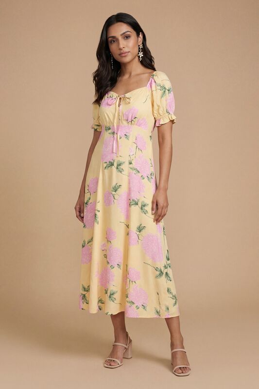 Petite Tie Front Puff Sleeve Midi Dress
