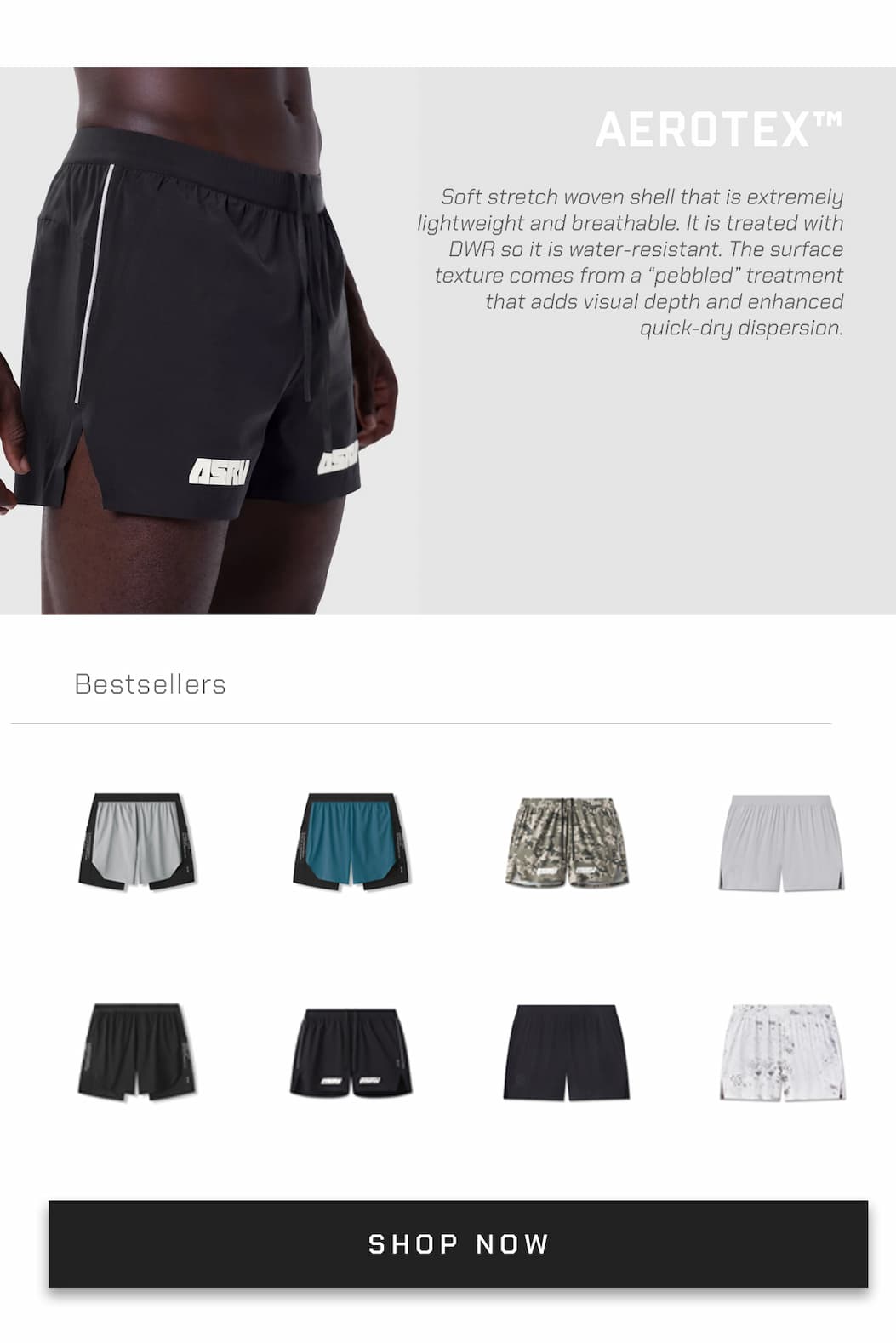 Soft stretch woven shell that is extremely lightweight and breathable. It is treated with DWR so it is water-resistant. The surface texture comes from a “pebbled” treatment that adds visual depth and enhanced quick-dry dispersion.