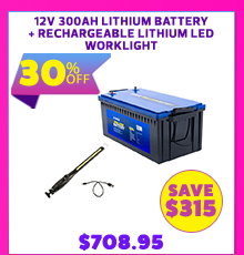 12V 300Ah Deep Cycle Lithium LiFePO4 Battery + Rechargeable Lithium LED Worklight