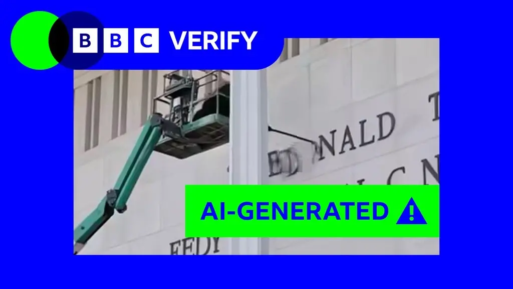 A screenshot shows a crane removing lettering from a building, with the iage labelled with a bright green and blue ‘AI-generated’ label. The graphic has a blue border and a BBC Verify logo in the top left corner.