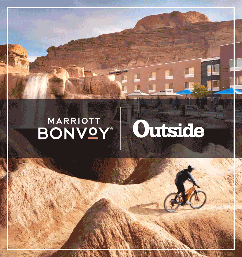 Split image with Red Cliffs Lodge at dusk and mountain biker on a flowy desert single track turn.