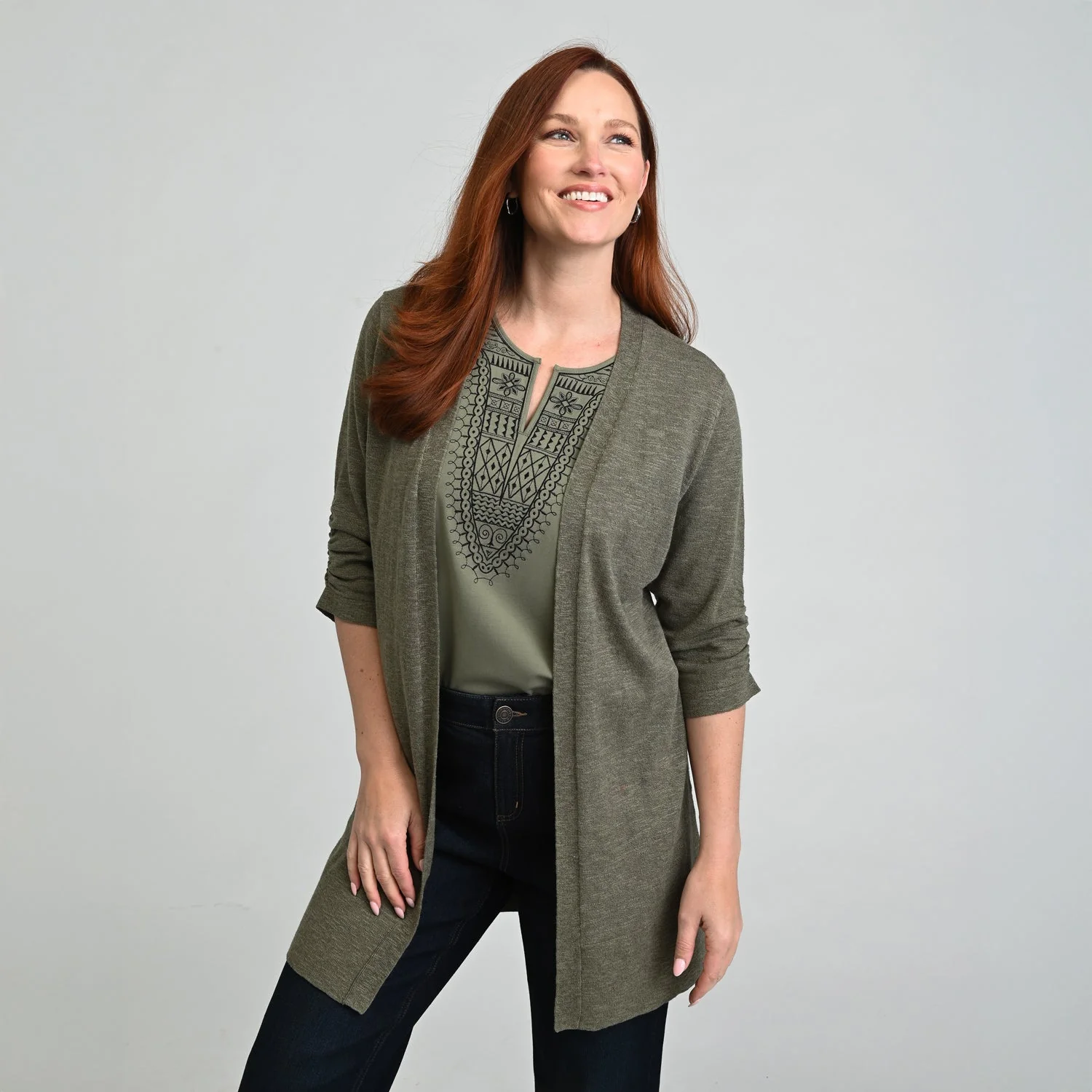 Image of Christopher & Banks Ruched ¾ Sleeve Textured Cardigan