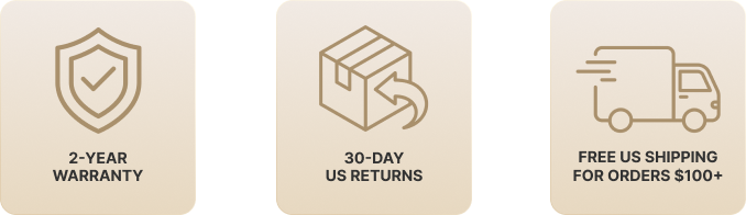 2-year warranty on all products 30-day money-back guarantee Free US Shipping on orders $100+