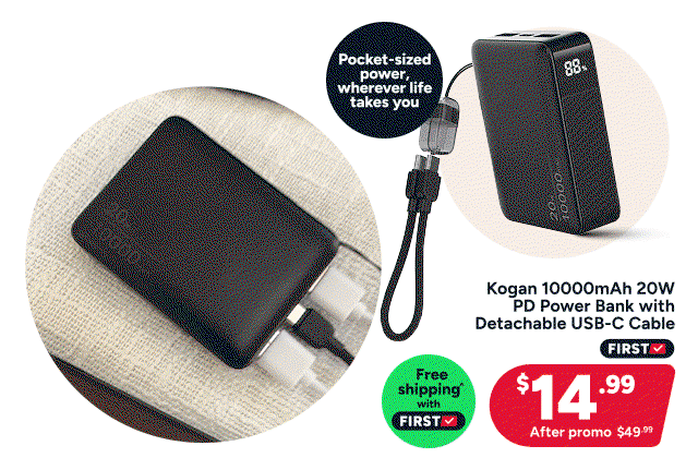 Kogan 10000mAh 20W PD Power Bank with Detachable USB-C Cable