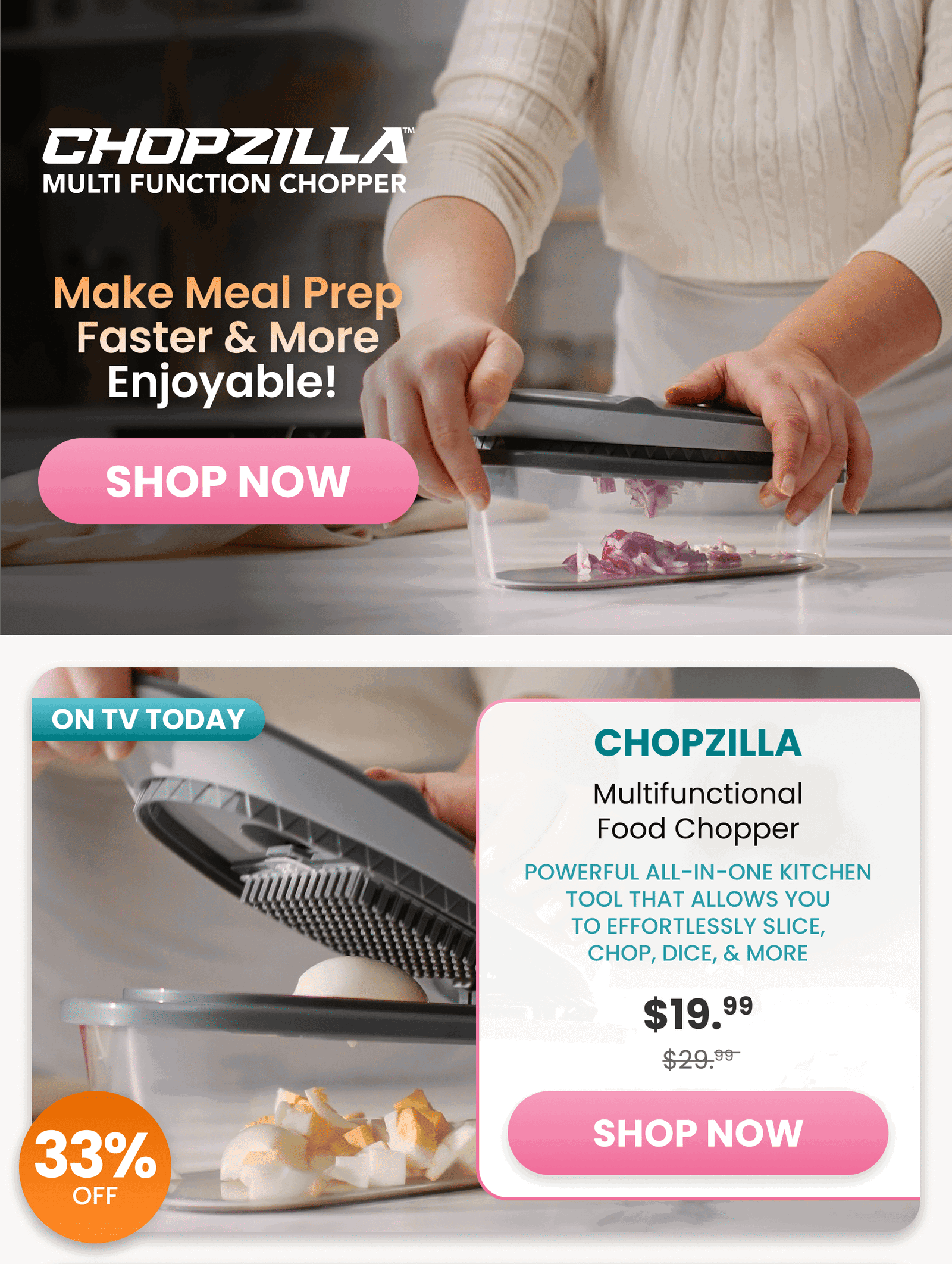 Chopzilla 	Multifunctional Food Chopper/Powerful all-in-one kitchen tool that allows you to effortlessly slice, chop, dice, & more