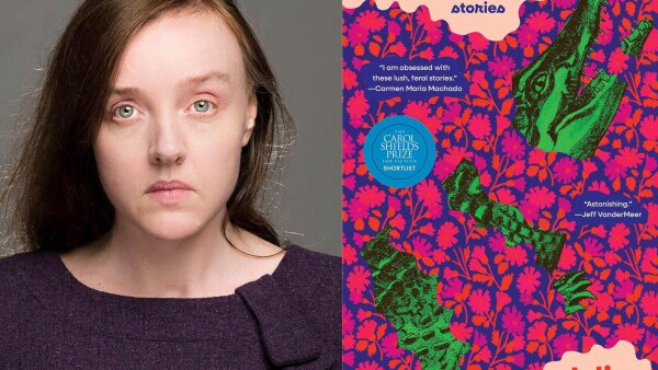 On the left is author Julia Elliott and on the right is a partial cover of the book Hellions that shows it won the Carol Shields Prize.
